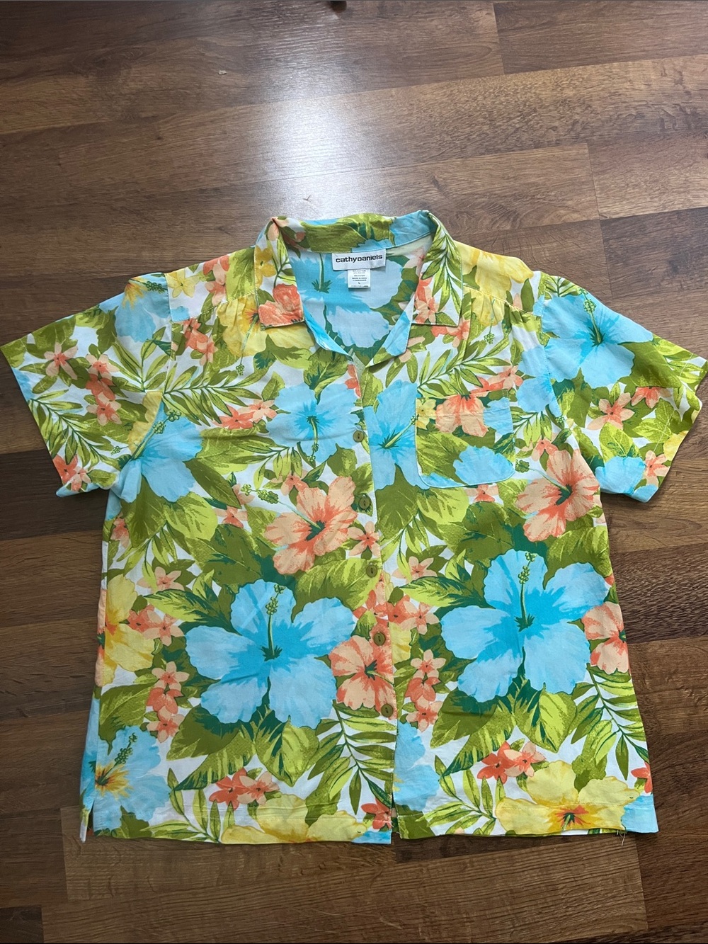 Tropical Floral Button Front Shirt Vintage Vibrant Cathy Daniels Size Large